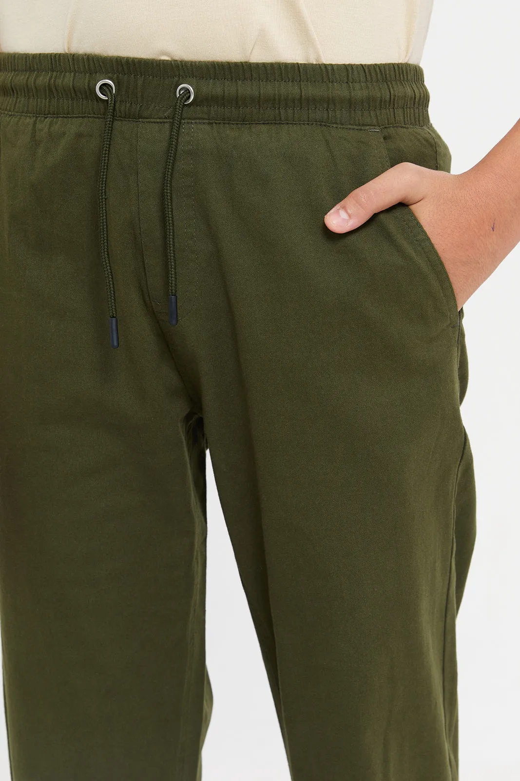 Senior Boys Olive Pull On Casual Trousers