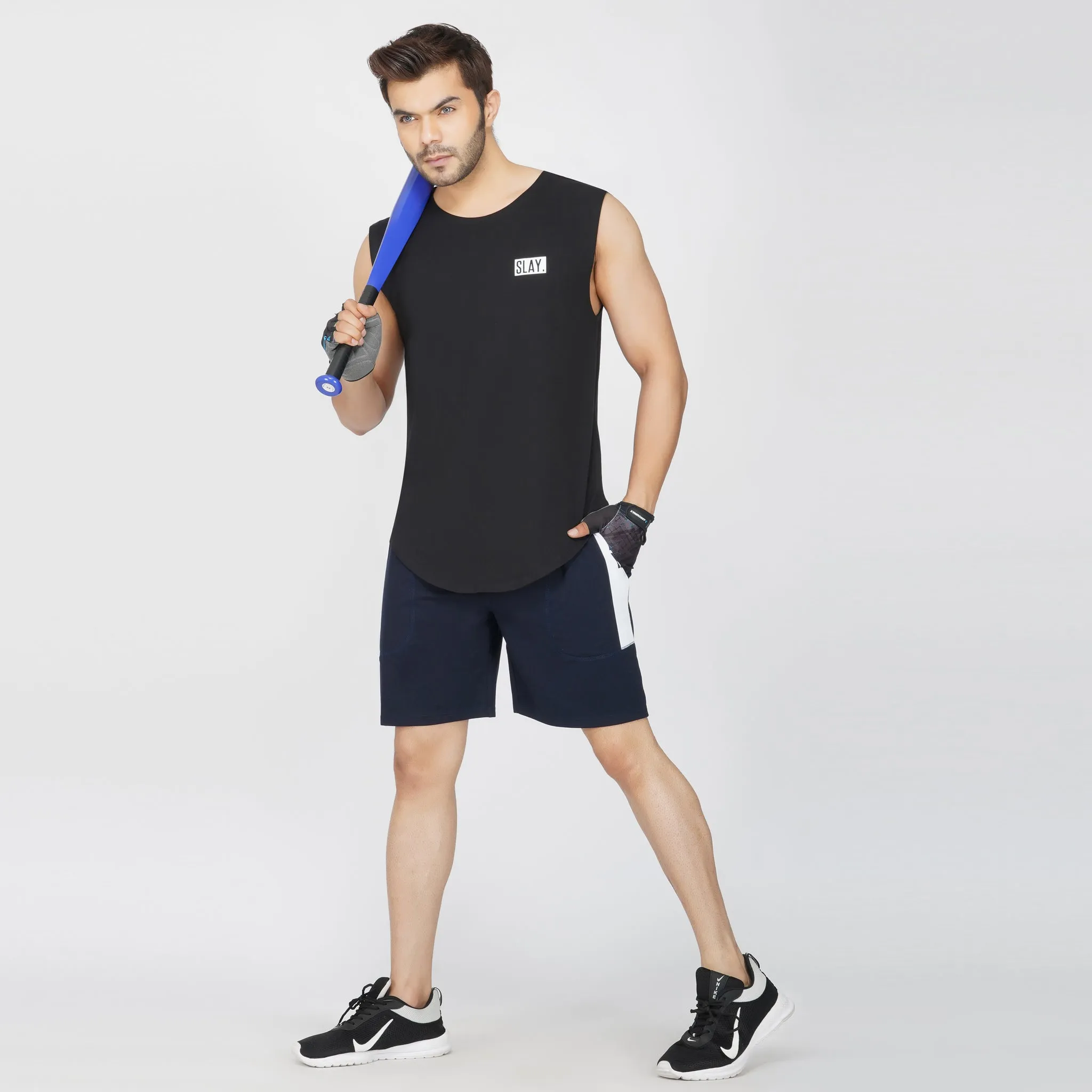 SLAY. Men's Activewear Navy Blue Sports Shorts with White Stripes