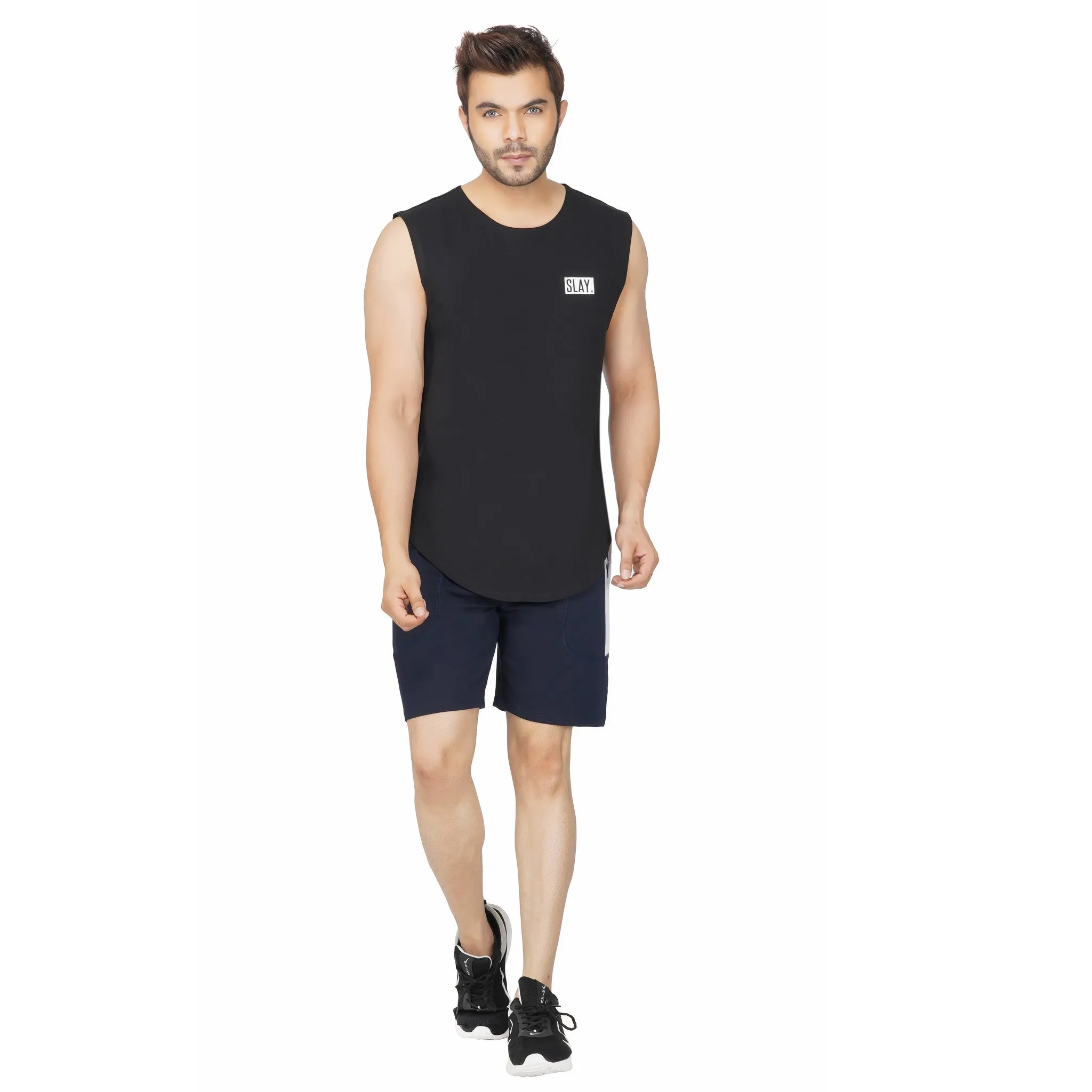 SLAY. Men's Activewear Navy Blue Sports Shorts with White Stripes