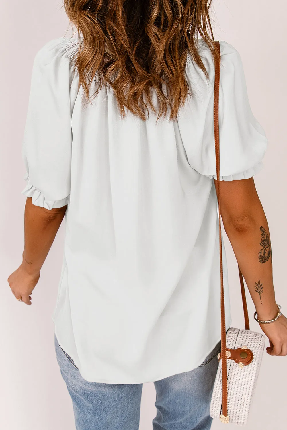 Smocked Frill Trim Flounce Sleeve Blouse - 2 colors