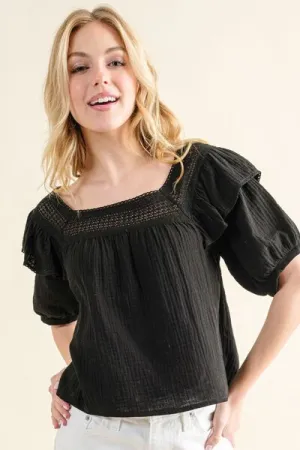 Square Neck Cotton Gauze Ruffled Blouse