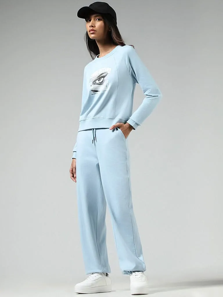 Studiofit Solid Light Blue Cotton Blend Joggers