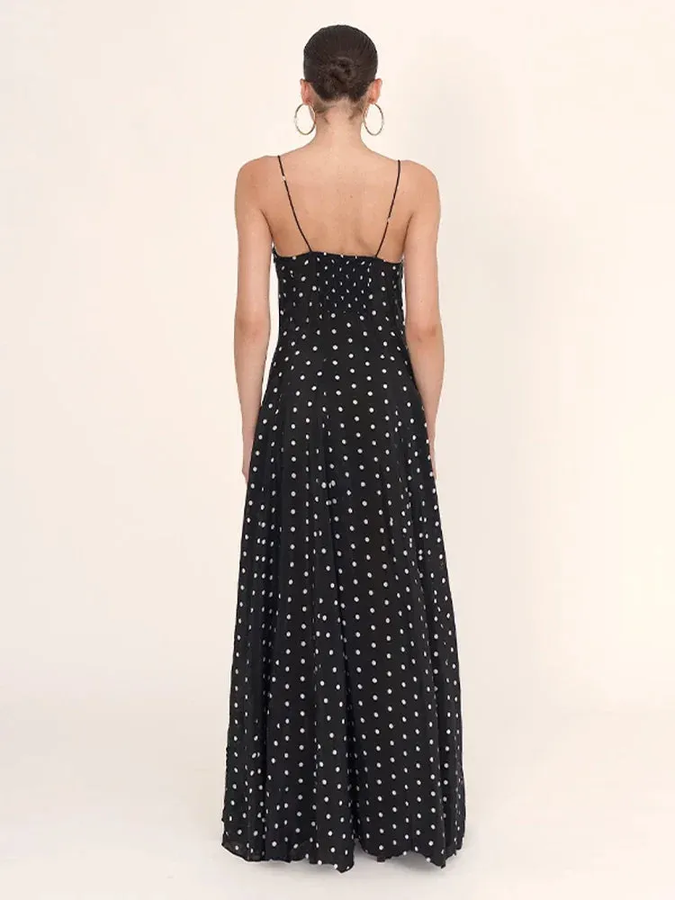 TAVIMART  -  Elegant Formal Backless Sling A-line Long Dresses Summer Elegant Dot Printed Contrast Maxi Dress Lady Sleeveless Party Robes