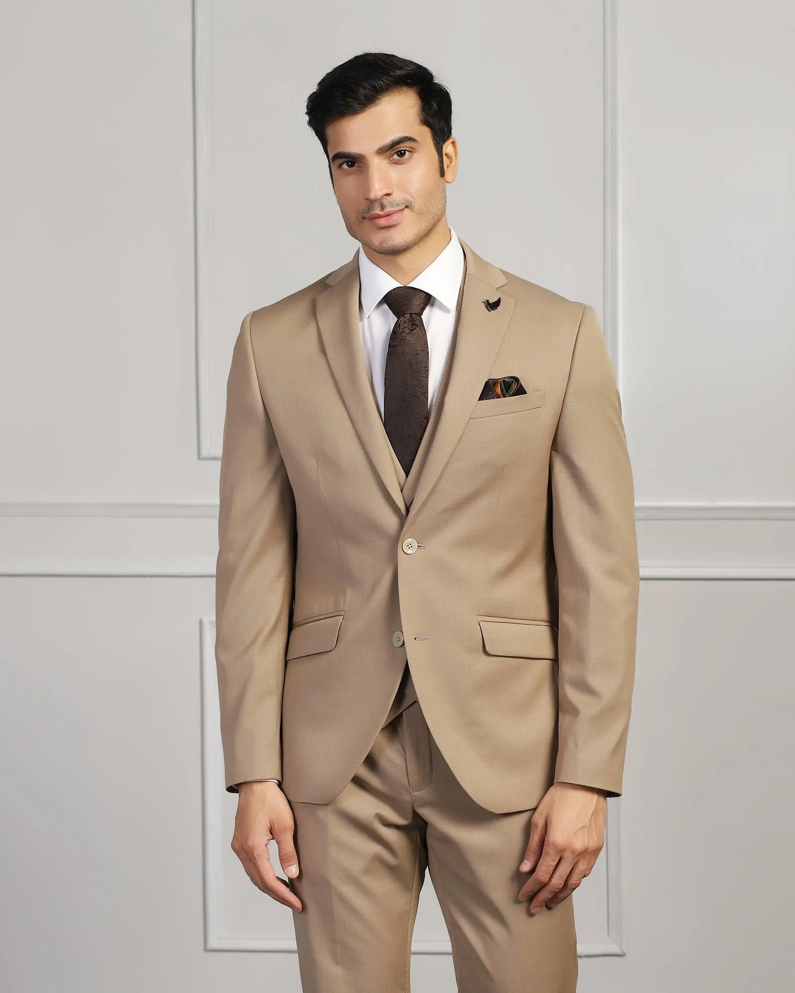 Three Piece Beige Solid Formal Suit - Beryl