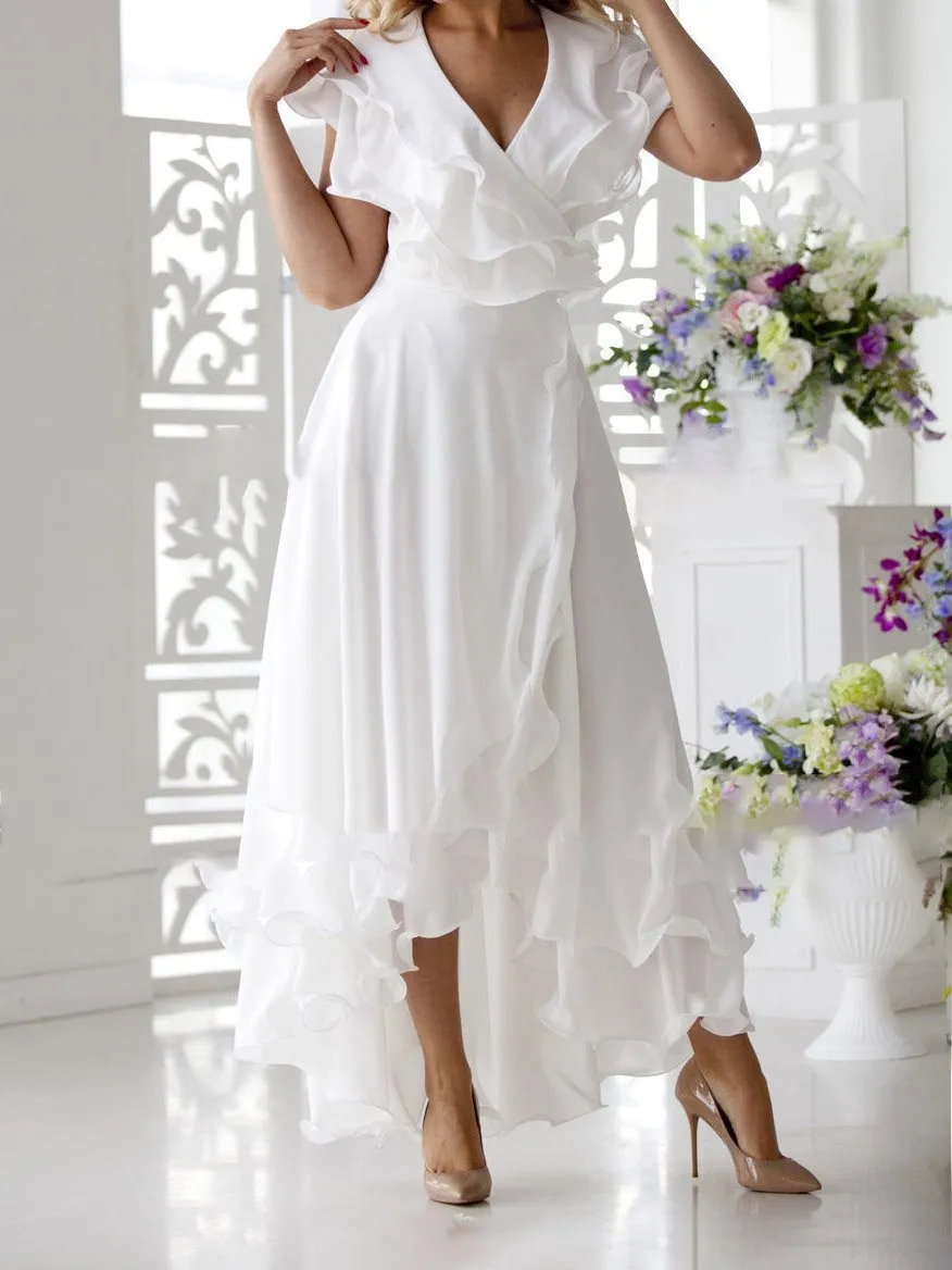 V-Neck Short Sleeve Ruffled Elegant Dress