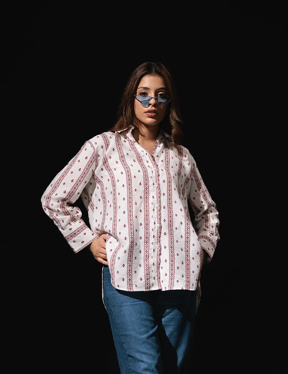 White Ethnic Printed Casual Shirt