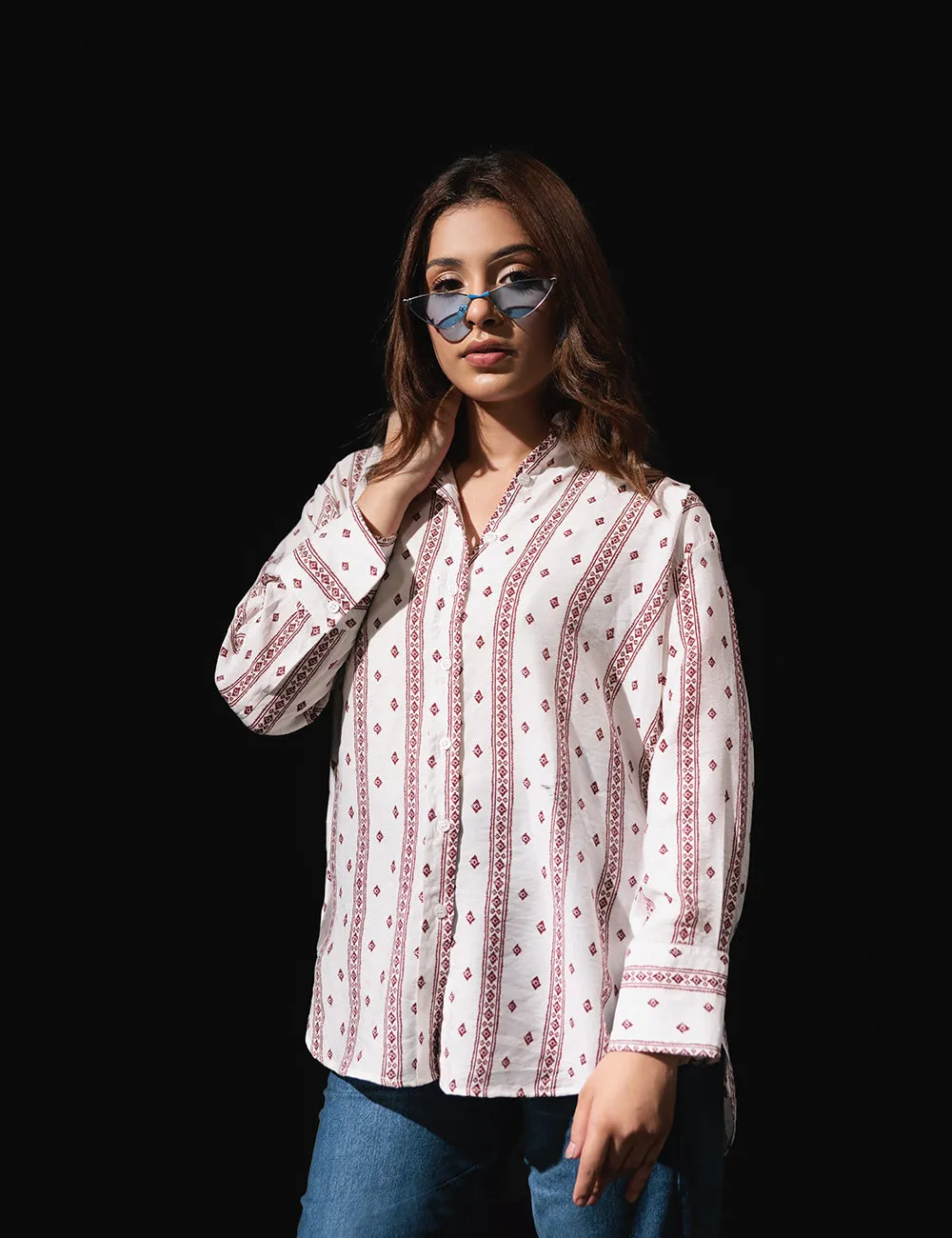 White Ethnic Printed Casual Shirt