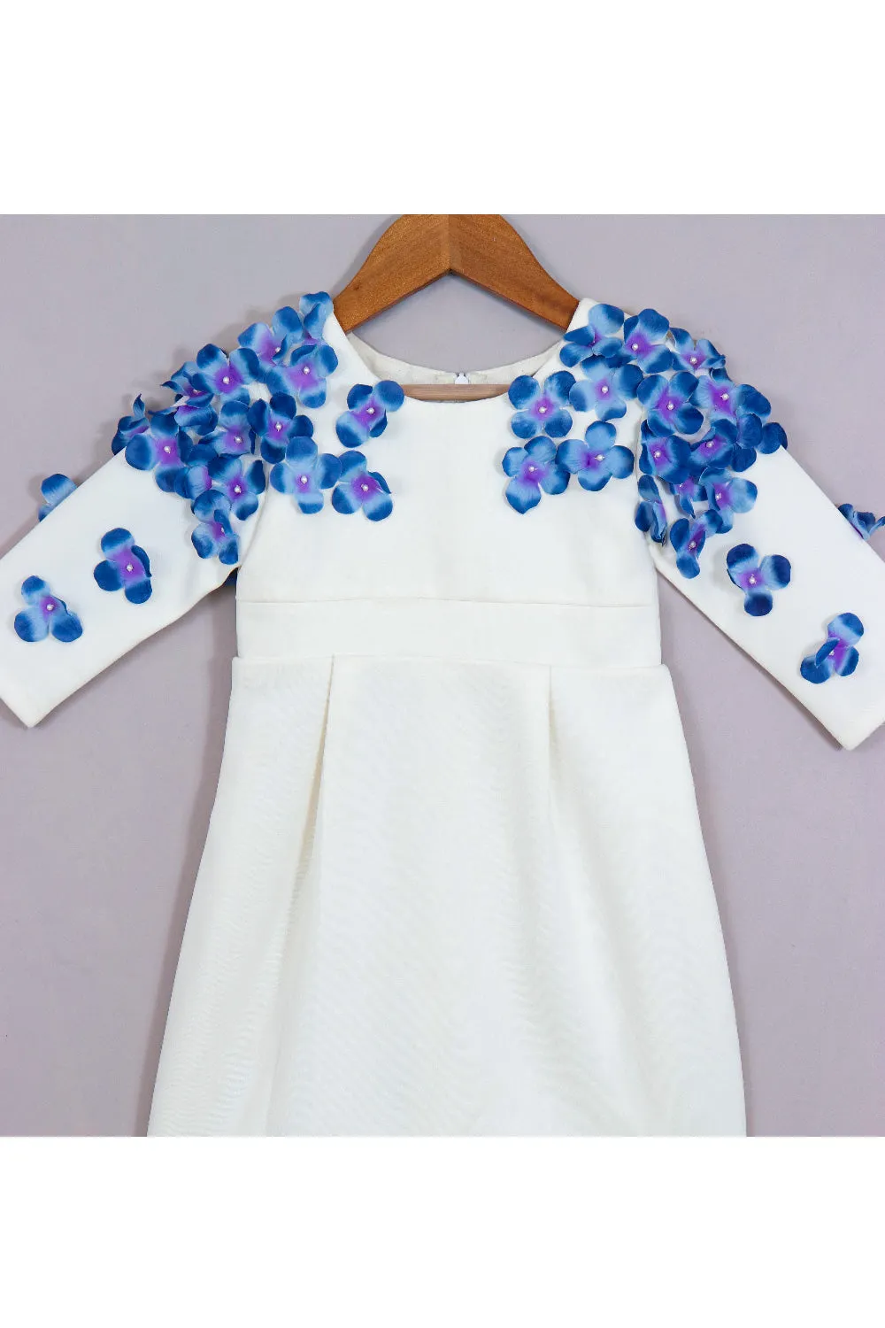 White With Blue Flower Embroidered Scuba Dress