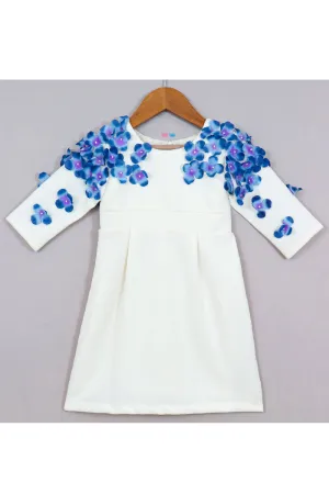 White With Blue Flower Embroidered Scuba Dress