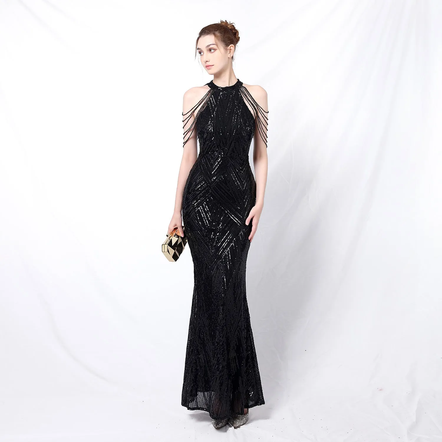 Women Backless Evening Sequin Party Dress