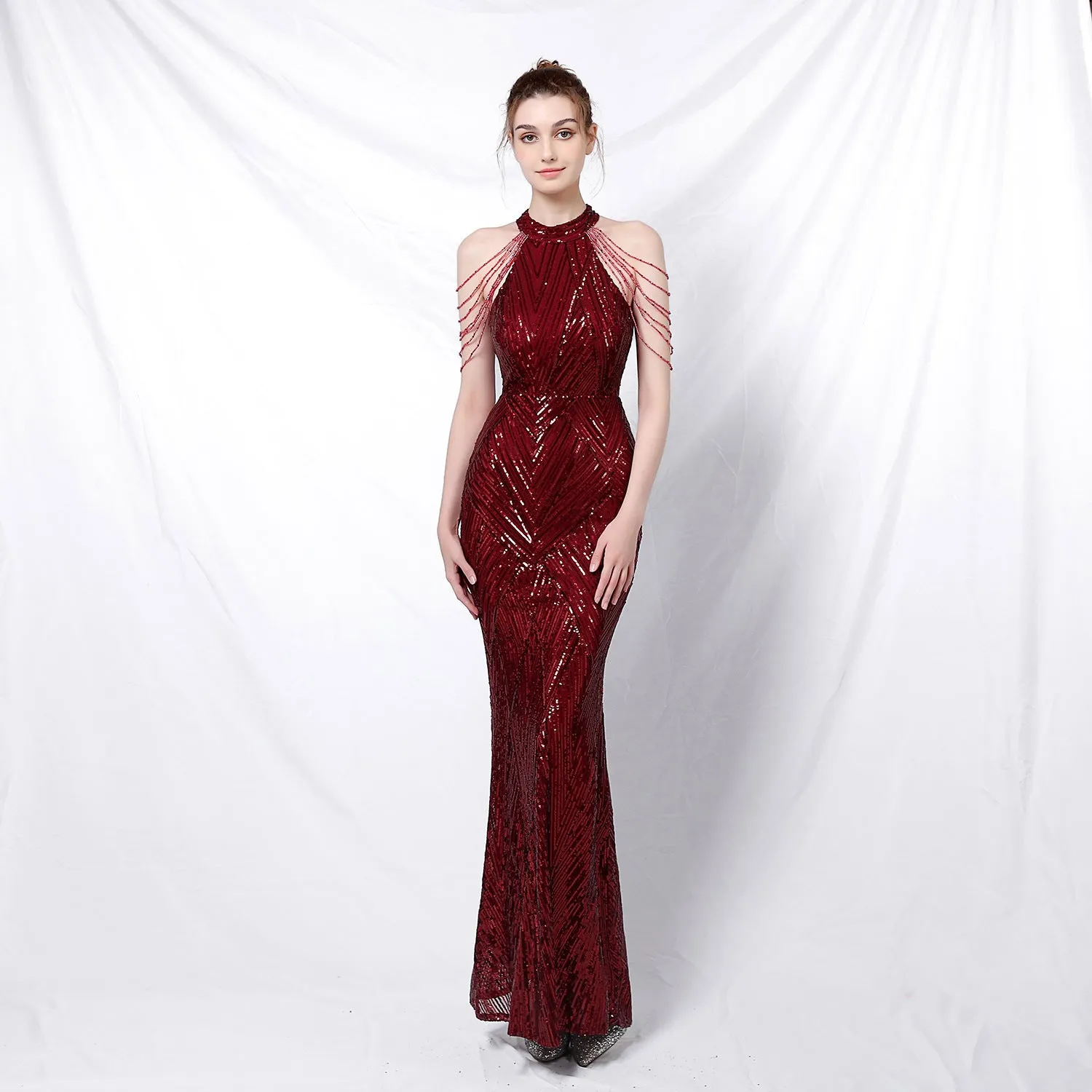 Women Backless Evening Sequin Party Dress