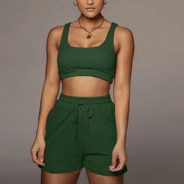 Yeknu Casual Solid Sportswear Two Piece Sets Women Crop Top And Drawstring Shorts Matching Set Summer Athleisure Outfits