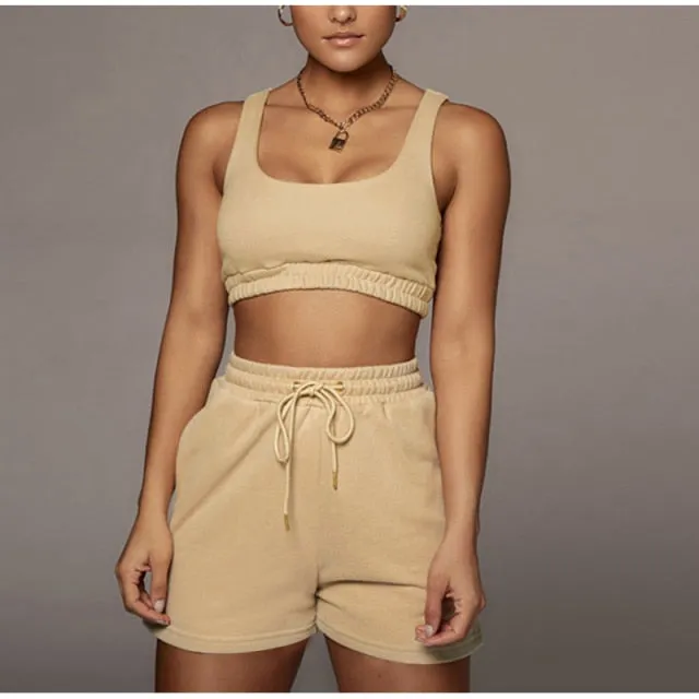 Yeknu Casual Solid Sportswear Two Piece Sets Women Crop Top And Drawstring Shorts Matching Set Summer Athleisure Outfits