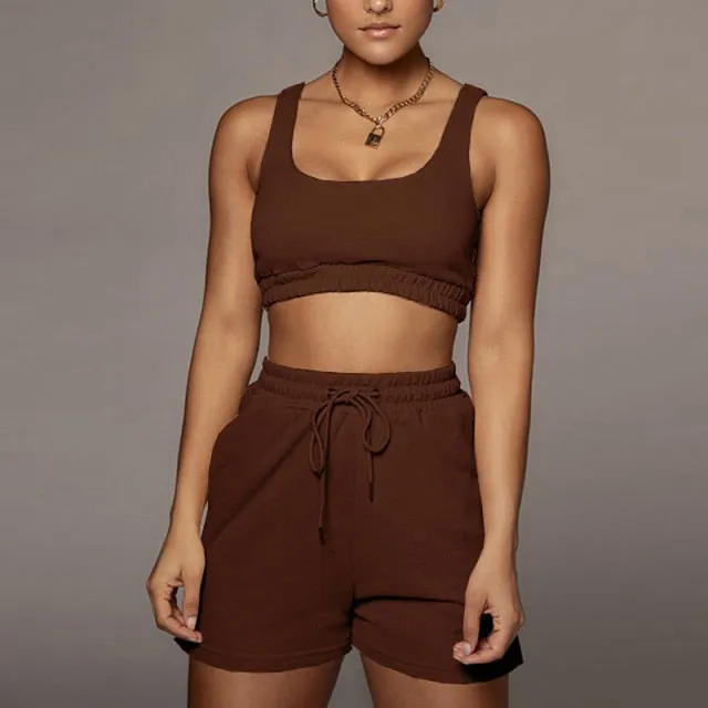 Yeknu Casual Solid Sportswear Two Piece Sets Women Crop Top And Drawstring Shorts Matching Set Summer Athleisure Outfits