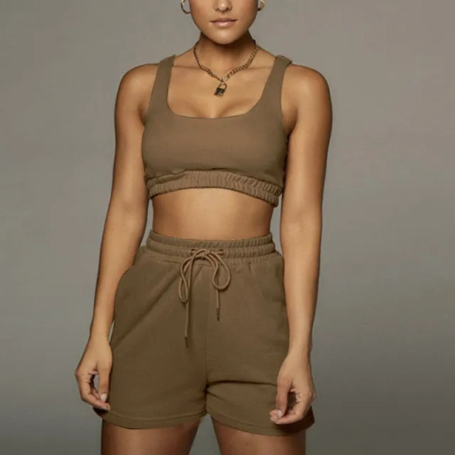 Yeknu Casual Solid Sportswear Two Piece Sets Women Crop Top And Drawstring Shorts Matching Set Summer Athleisure Outfits