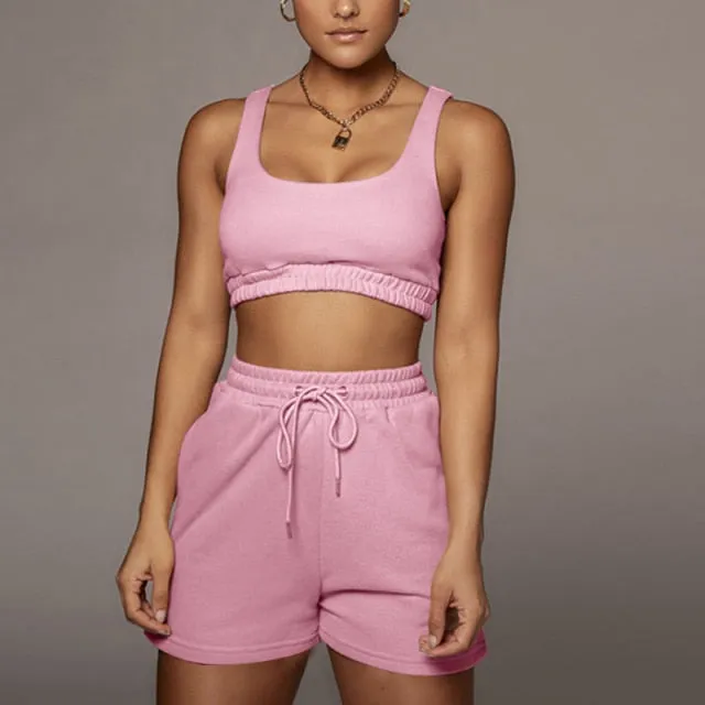 Yeknu Casual Solid Sportswear Two Piece Sets Women Crop Top And Drawstring Shorts Matching Set Summer Athleisure Outfits