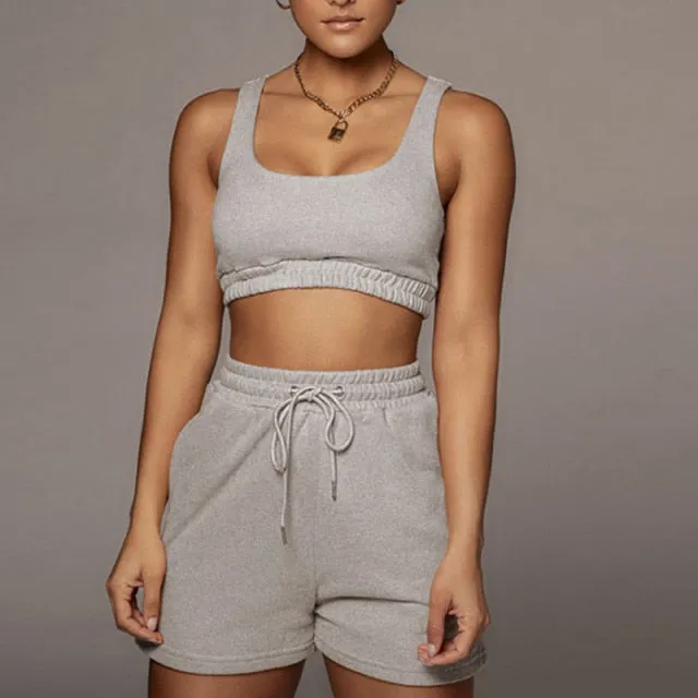 Yeknu Casual Solid Sportswear Two Piece Sets Women Crop Top And Drawstring Shorts Matching Set Summer Athleisure Outfits