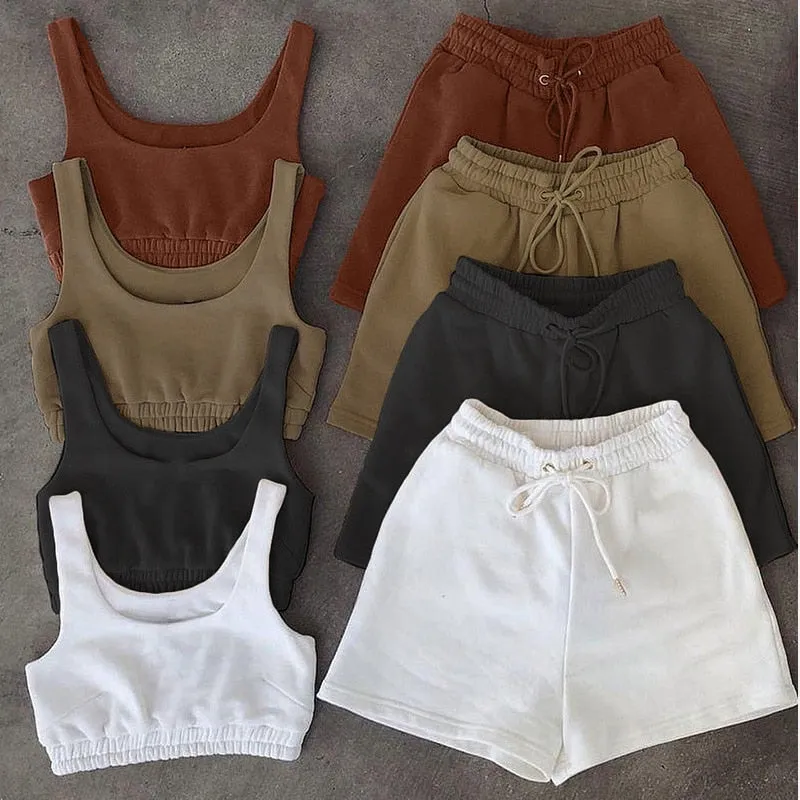 Yeknu Casual Solid Sportswear Two Piece Sets Women Crop Top And Drawstring Shorts Matching Set Summer Athleisure Outfits